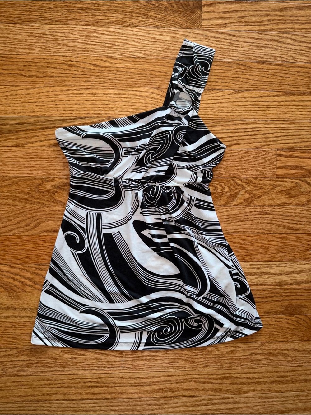 Asymmetric One-Shoulder Black & White Swirl Camisole